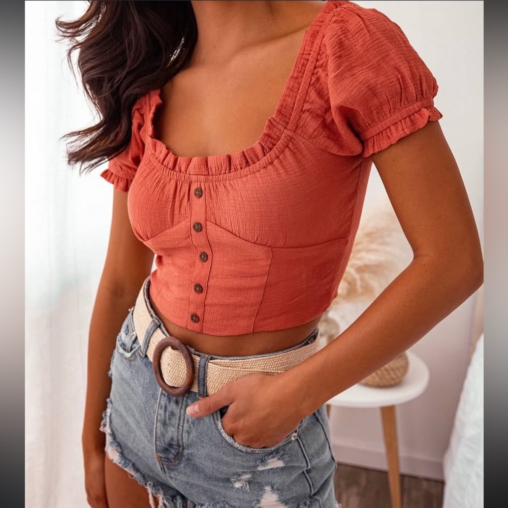 Rusty Orange Puff Sleeve Crop Blouse - Picture 1 of 2